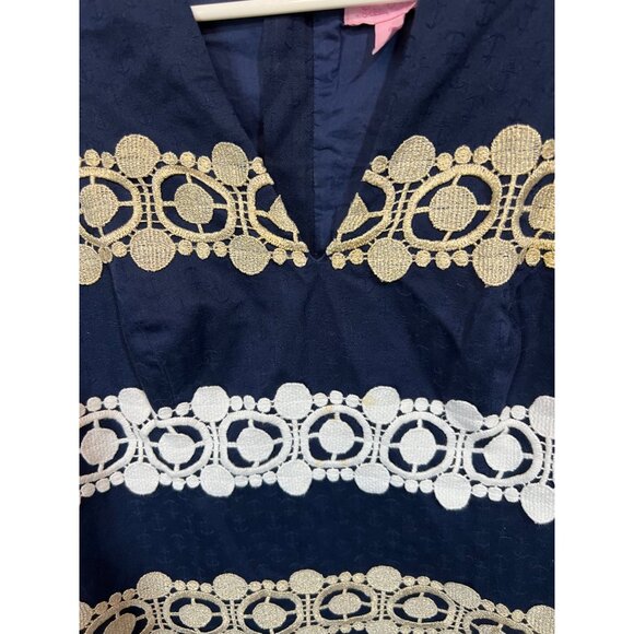 Lilly Pulitzer Navy & White Dress With Gold Embroidered Stripes Size 6 - Picture 2 of 13